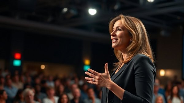 Woman presenting on stage at a conference.