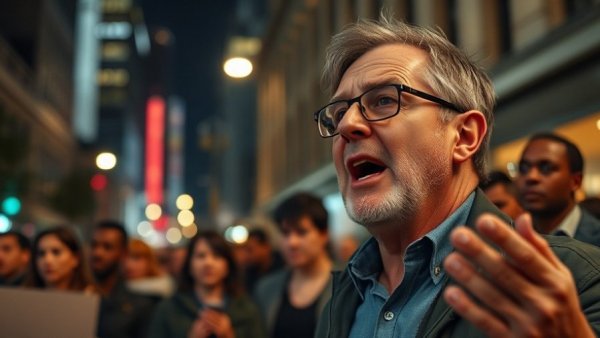 Tel Aviv Protests Against Violence: Man speaking at night protest.