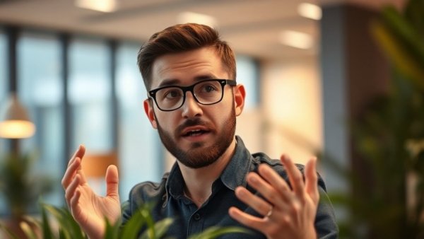 Young man giving advice on productivity goal setting in an office.