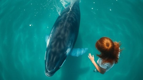 Humpback whale swimming with young woman, oceanic backdrop.