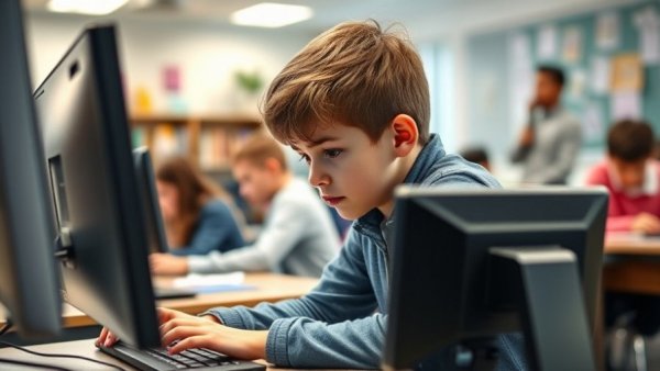 Boy learning digital skills in modern classroom, skills that prepare students for the future.