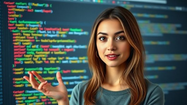 Young woman explains JavaScript code overlay - AI Africa filmmakers and developers.