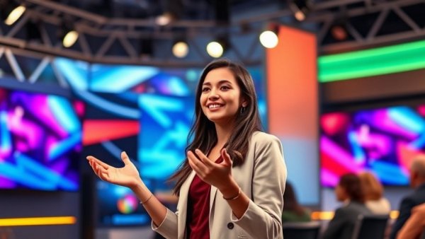 Confident woman presenting in a studio, Palestine Land Day Resistance discussion.