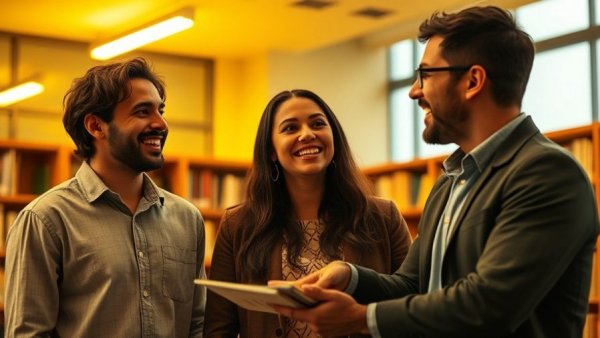 AlphaGo and AI advancements discussion with three people in a library setting.