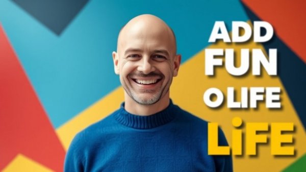 Finding joy every day: Man in blue sweater with colorful text background.