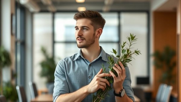 Young man in an office discussing reading goals, read 50 books a year.