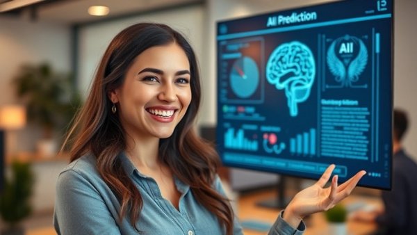 Woman demonstrates AI brain prediction interface.
