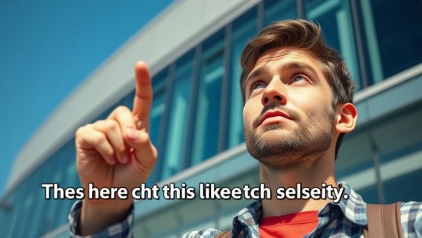 Young man pointing upward in front of a modern building, AI Africa film makers and developers.