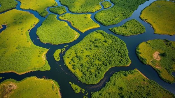Aerial view of Okavango Delta with water channels and greenery.