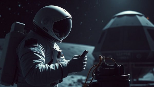 Astronaut near lunar module in space, NASA Artemis Crew Tests in Orbit.