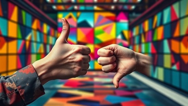 Collage of thumbs up and down, colorful geometric backdrop, Rethinking EdTech Tools.