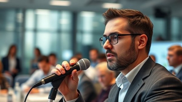 Confident speaker thriving under pressure at modern conference, engaged in conversation.