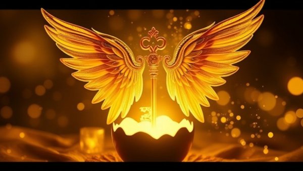 Mystical golden key with wings in magical 528 Hz Sound Healing theme.