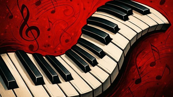 Artistic piano keys illustration on a vibrant red background.
