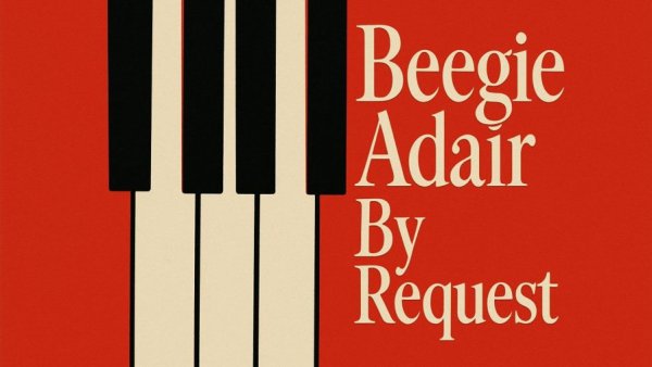 Beegie Adair’s sophisticated jazz performances album cover with piano keys.