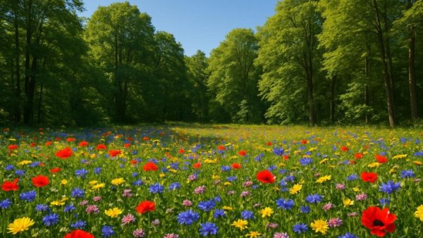 Where to spot wildflowers in a lush forest with vibrant blooms and green trees.