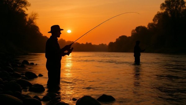 Serene fishing in Wyoming river at sunset with golden light.