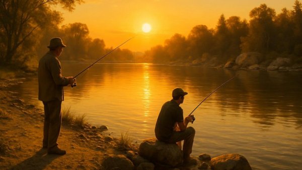 Nostalgia Travel Wyoming fishing at sunset by a serene river.