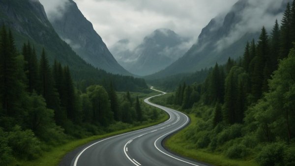 Blue Ridge Parkway scenic view with winding road amid green mountains.