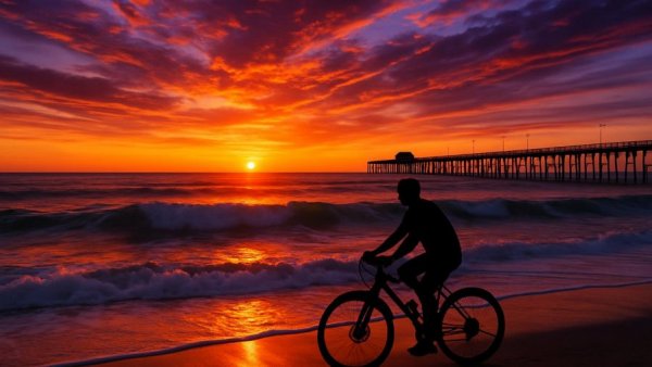 Cyclist at sunset on beach by pier, Highway 1 California travel diaries.