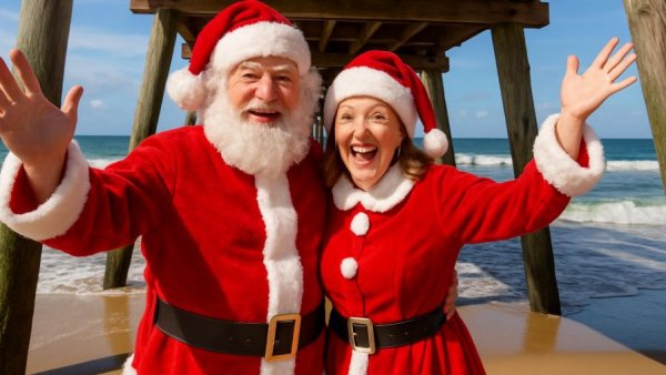 Festive Santa couple under pier on a California beach, Highway 1