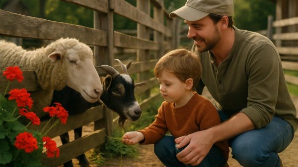 Child and man feeding sheep on a farm, Highway 1 California travel diaries