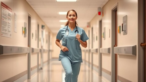 Confident nurse walking in hospital corridor showcasing energy management and productivity.