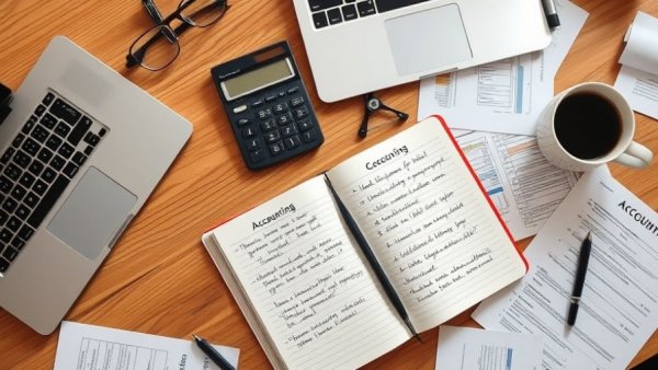 Accounting on Account workspace with calculator and notebook.