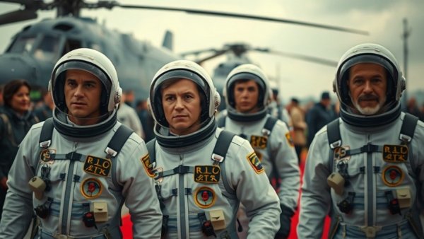 Vintage astronauts walking after landing near helicopter, NASA Artemis II mission.