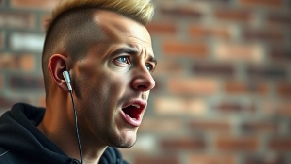 Man with mohawk passionately speaking against a brick wall.