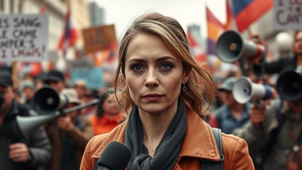 Female journalist reporting on Asia Oil Crisis protest scene.