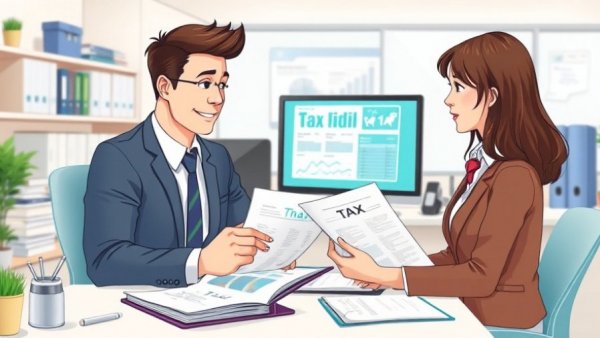 Business professionals discussing types of business taxes, cartoon style.