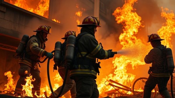 Firefighters tackle blaze during Ukraine cultural heritage attacks.