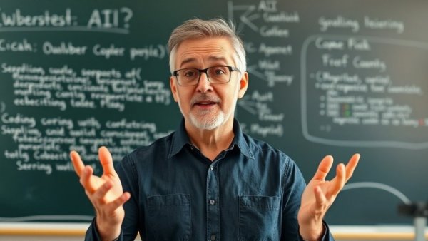 Middle-aged man discussing AI coding security on a blackboard.