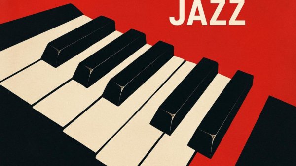 Stylized piano keys with red background, abstract jazz theme