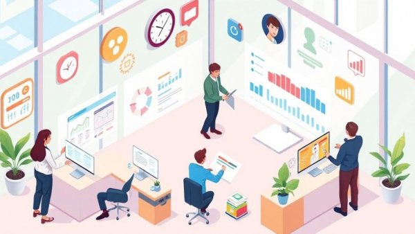 Isometric illustration of customer service management process with digital interfaces.