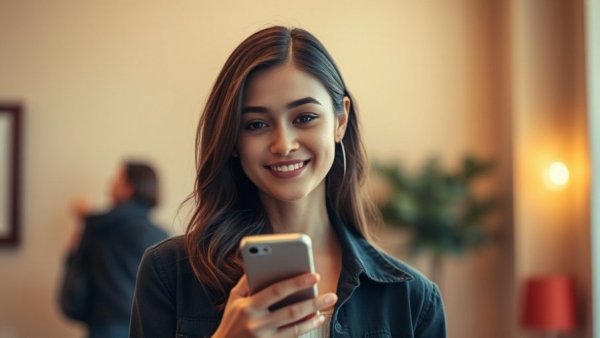 Stylish woman plans Coachella on smartphone with a slight smile.