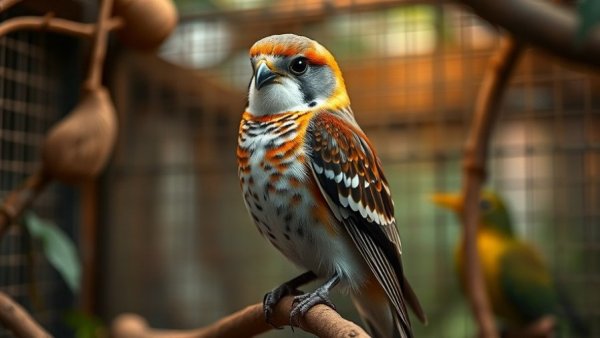 American Kestrel perched with soft lighting in aviary.