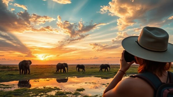 Typical day on an overland safari with elephants and sunset.