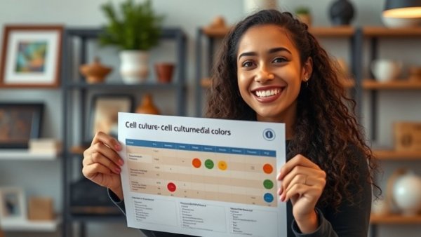 Smiling woman discusses cell culture media colors indoors.