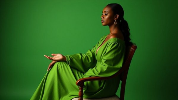 Elegant woman in green, embodying Africa relaxation and selfcare music.
