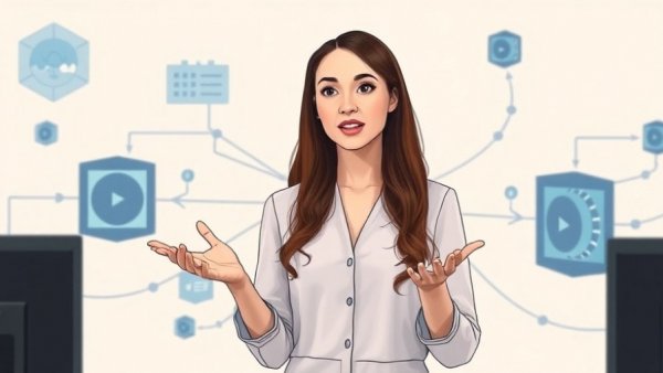 Illustrated tutorial on AI video generation process with presenter and graphics.