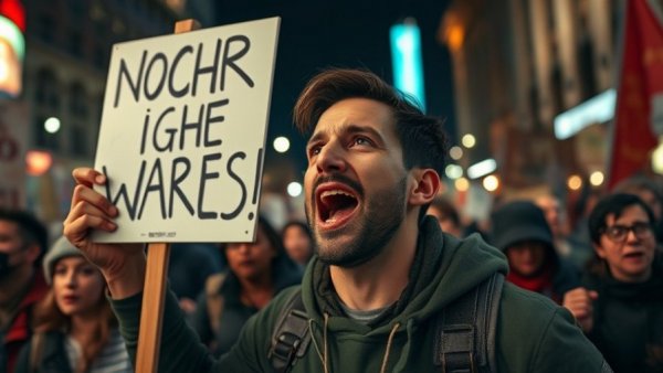 Night protest for higher wages in Venezuela with determined protester.