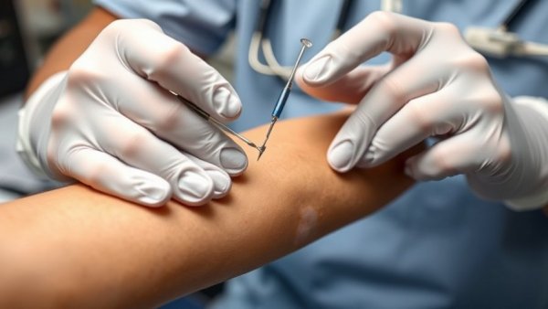 Close-up of butterfly needle blood draw technique on arm.