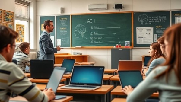 AI education in the classroom with teacher guiding students.