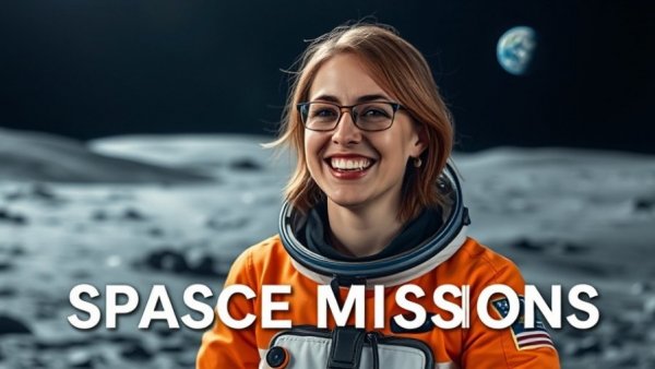 Engaging woman discusses the importance of Artemis II Mission, lunar backdrop.