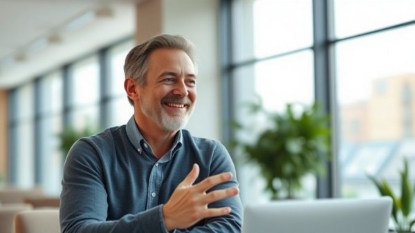 Smiling man in office communicating with confidence.