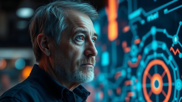Middle-aged man beside vibrant AI graphics in a futuristic setting.