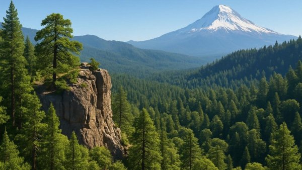 Scenic view for hiking as a weekend getaway, lush forest and mountain.