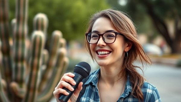 Woman explaining with microphone outdoors near cacti, discussing black holes.